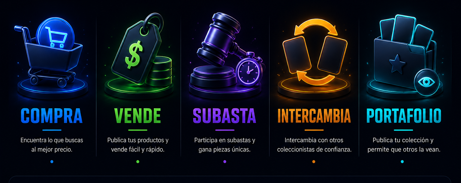 Compra, Vende, Subasta, Intercambia, Portafolio — todo tu mundo TCG en un solo lugar